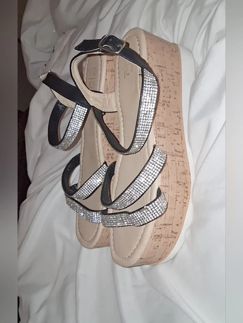 Yoki Silver Rhinestone Strappy Wedge Sandals